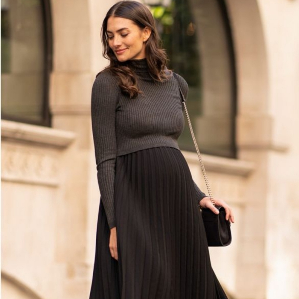 Charcoal Pleated Maternity & Nursing Dress